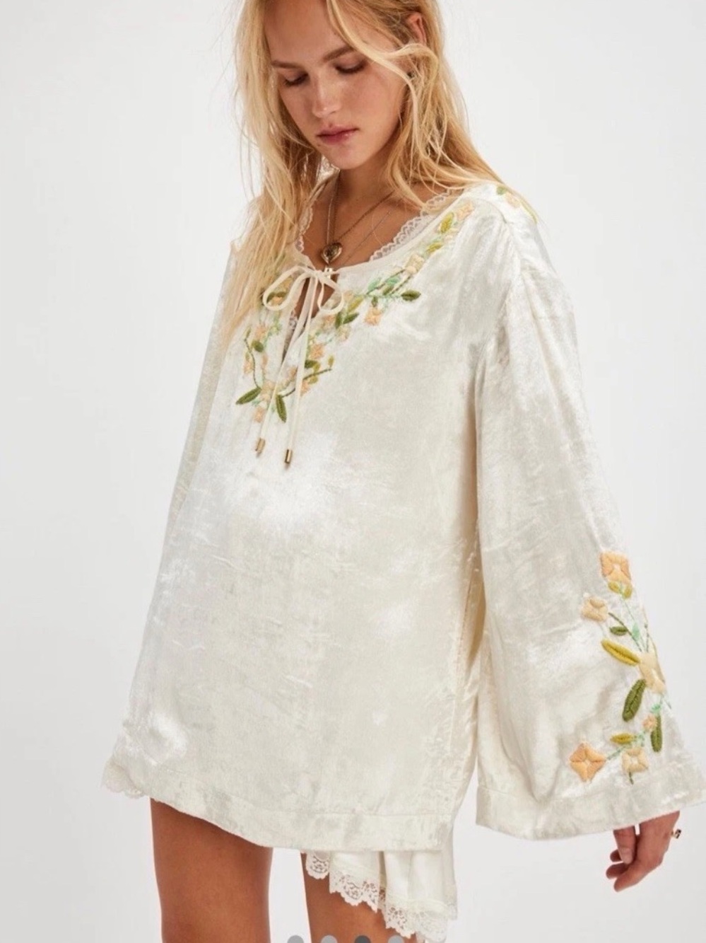Free People Ember Embroidered Tunic Velvet Floral Bell Sleeves S